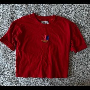 adidas Embroidered Roll-Up Sleeve Cropped T Shirt — Size M